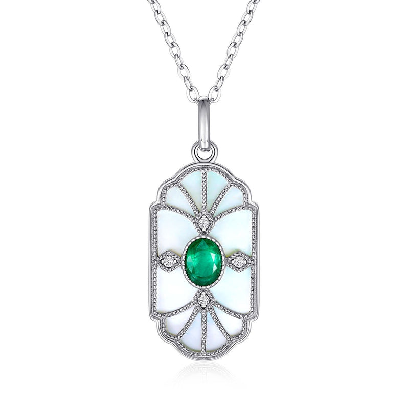 Natural Emerald Necklace Female Original Retro Design Jewelry S925 Silver Inlaid Mother Shell Pendant Square Shaped Pendant