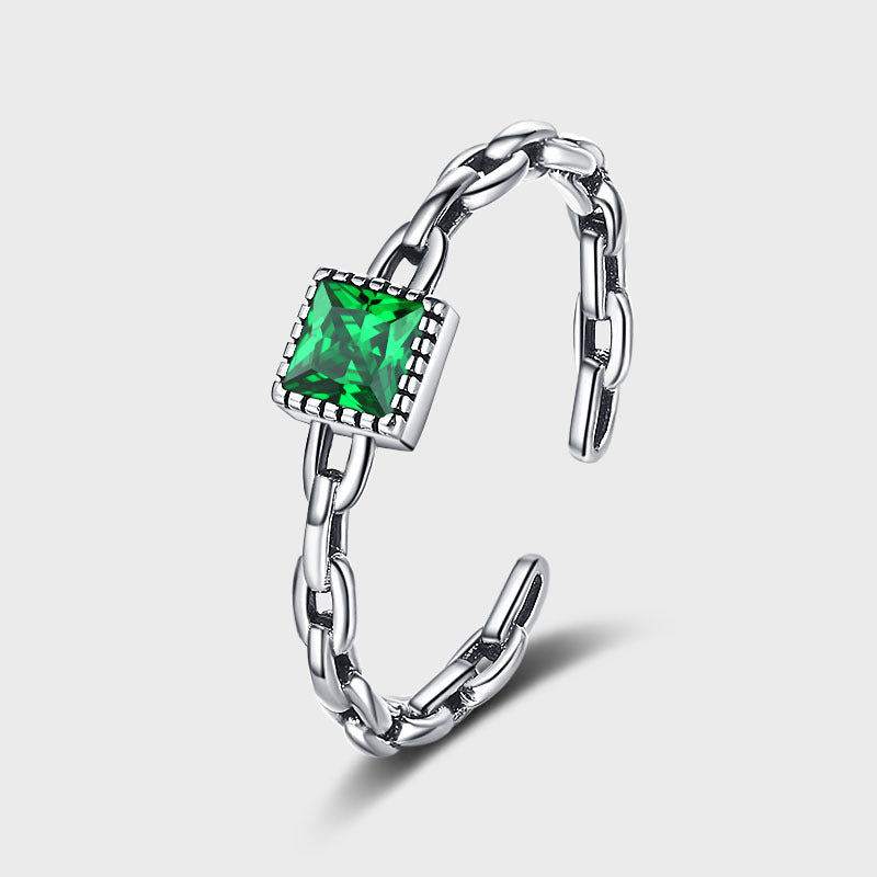 S925 Sterling Silver Emerald Zircon Chain Ring