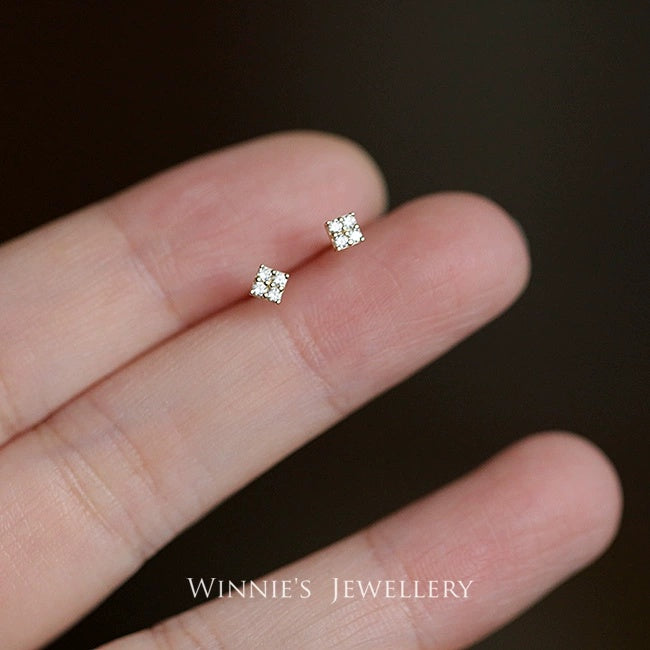 Simple Sterling Silver Plated Gold Inlaid Carbink Mini Square Stud Earrings All-matching Twin