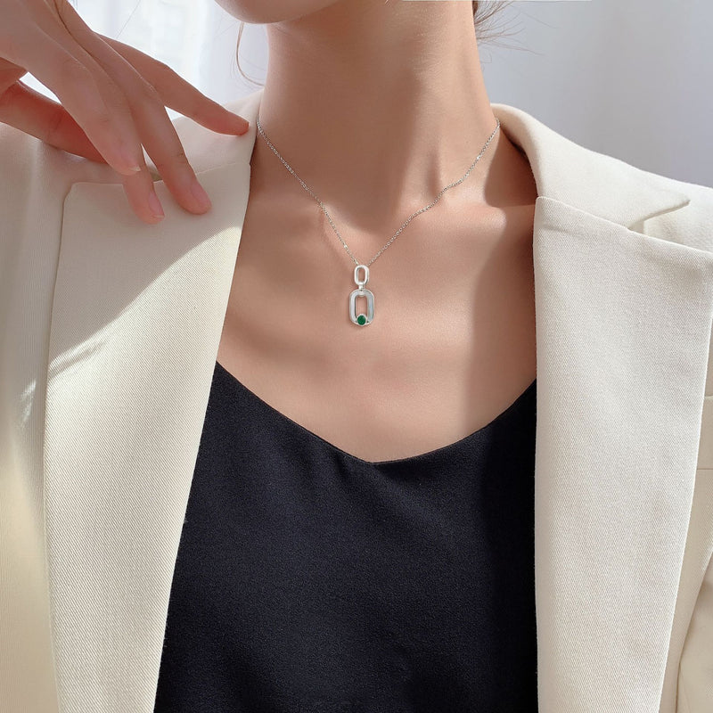 Simple Geometry Women's Necklace Ring S925 Silver Bag With Emerald Pendant