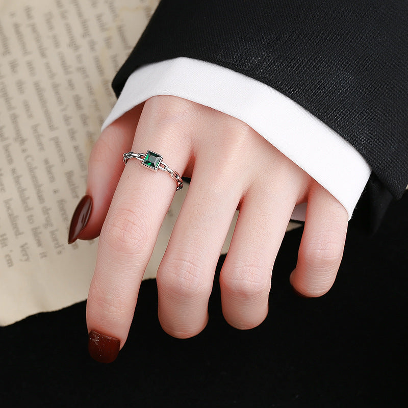 S925 Sterling Silver Emerald Zircon Chain Ring