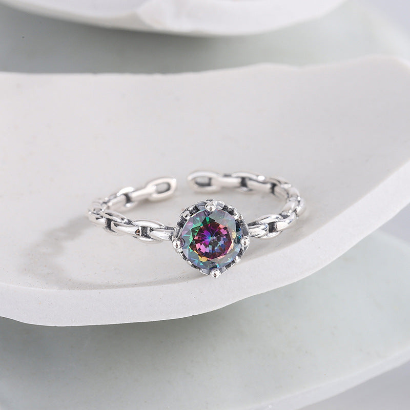 925 Sterling Silver Multicolor Zircon Chain Ring Female