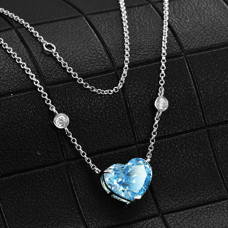 🌊 Ocean Blue Heart Zircon Necklace - Silver Design