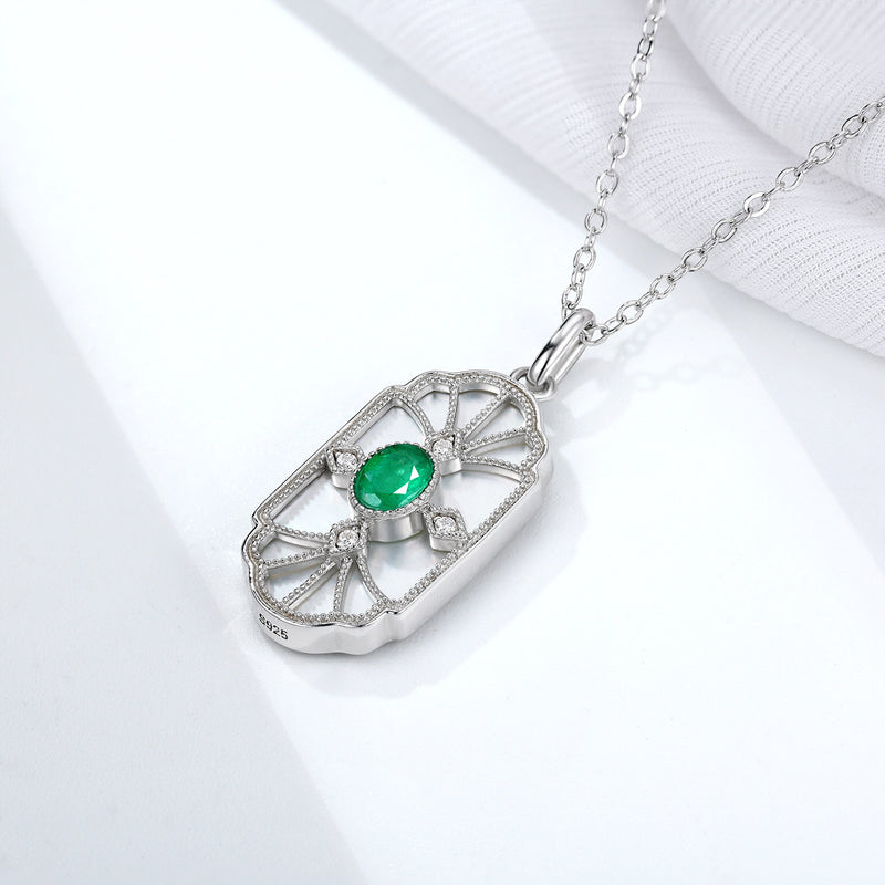 Natural Emerald Necklace Female Original Retro Design Jewelry S925 Silver Inlaid Mother Shell Pendant Square Shaped Pendant