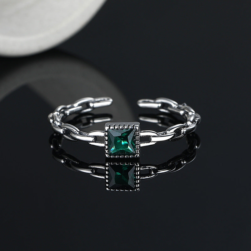 S925 Sterling Silver Emerald Zircon Chain Ring